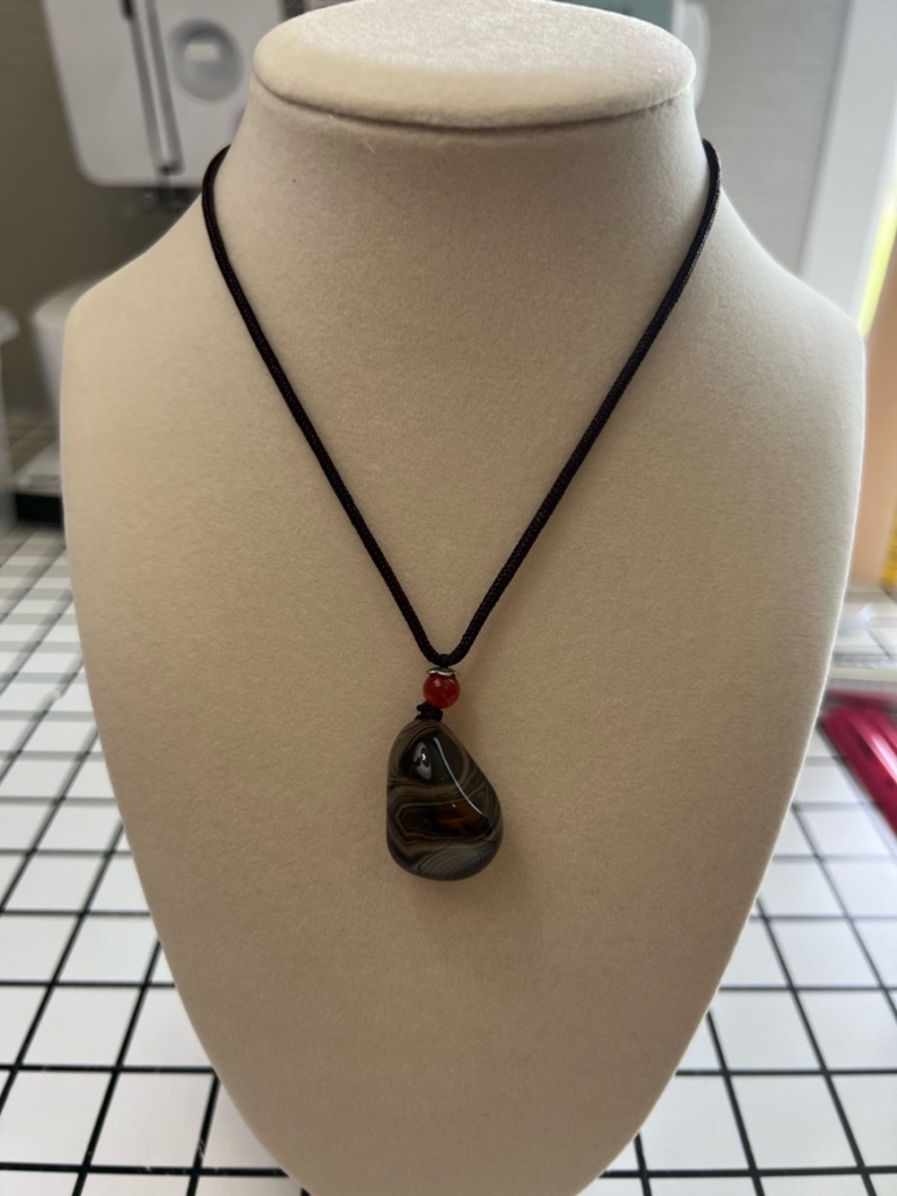 Handcrafted Brown Agate Pendant Necklace with Red Accent